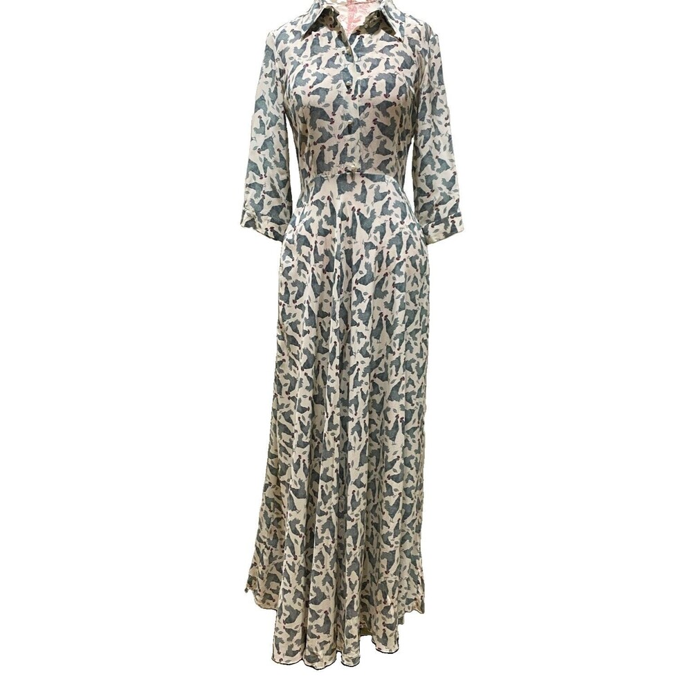 Vintage 100% Silk Chicken Maxi Shirt Dress Sz M Russian Country Traditional